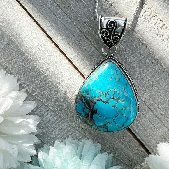 Turquoise Pendant Necklace Sterling Silver 925 Vintage Style Pear New - Picture 2 of 6